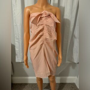 Mango Peach Gingham Strapless Ruched Bow Dress